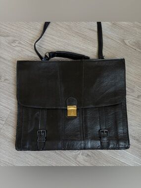 Vintage Black Leather Men's Briefcase with Gold KeyLock